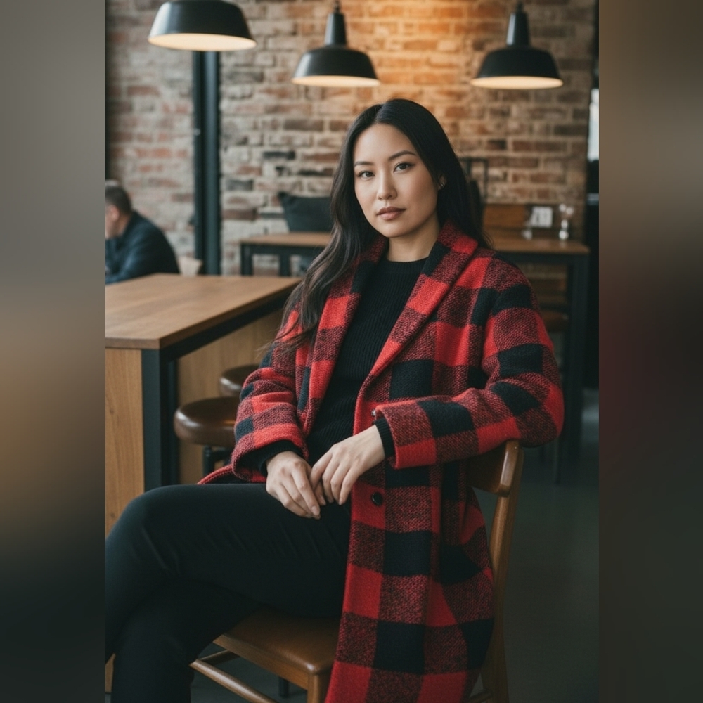 Lucky Brand Red and Black Plaid Teddy Jacket